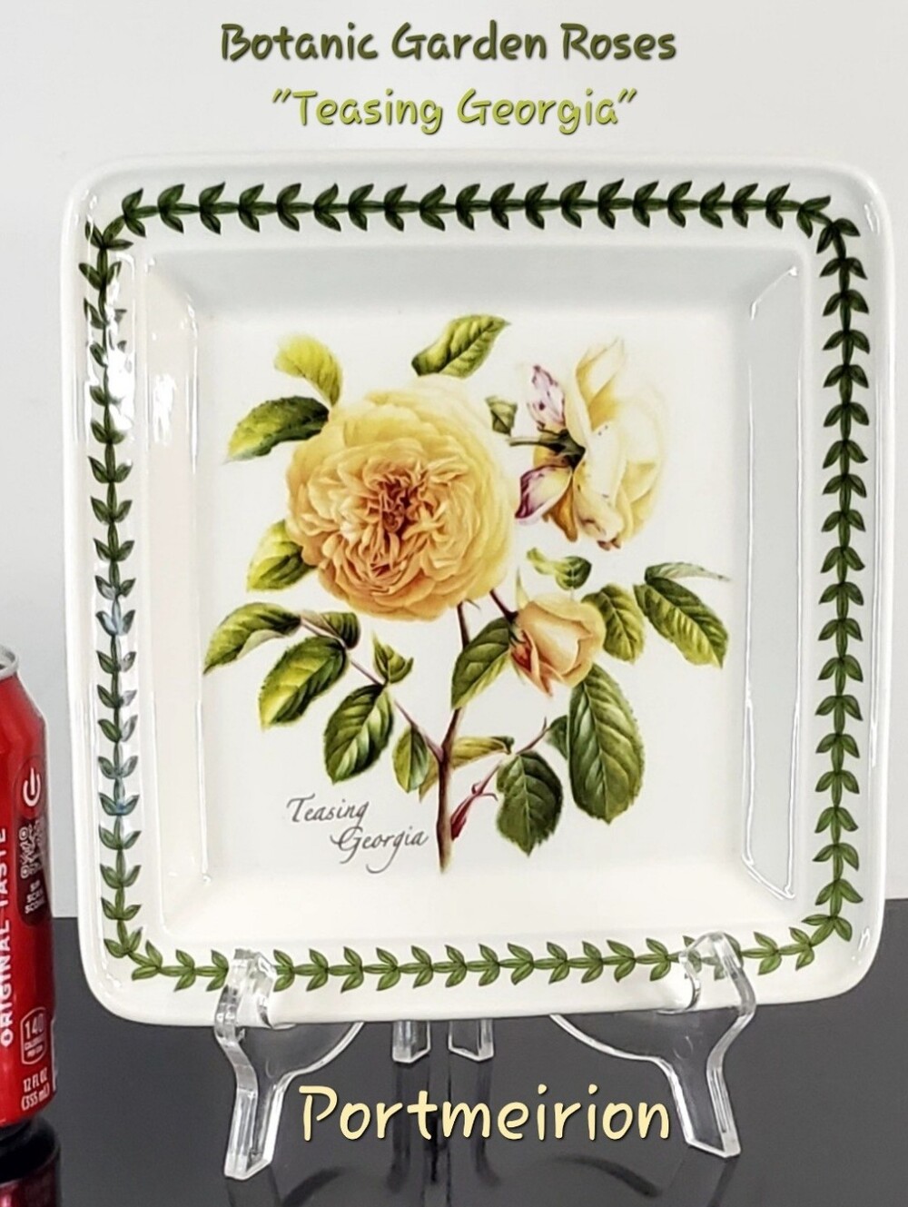Portmerion Botanic Garden Teasing Georgia Yellow Roses 8 1/2" Square Plate EUC
